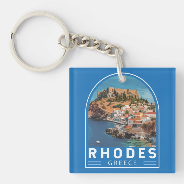 Rhodes Greece Illustration Travel Art Vintage Key Ring (Front)