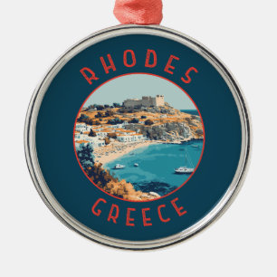 Rhodes Greece Retro Distressed Circle Metal Ornament