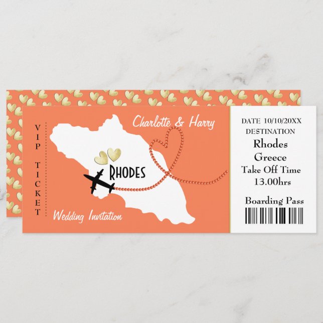 Rhodes Greek Wedding Destination Ticket Style Invitation (Front/Back)