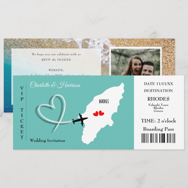 Rhodes Wedding Destination Ticket Boarding Pass Invitation (Front/Back)
