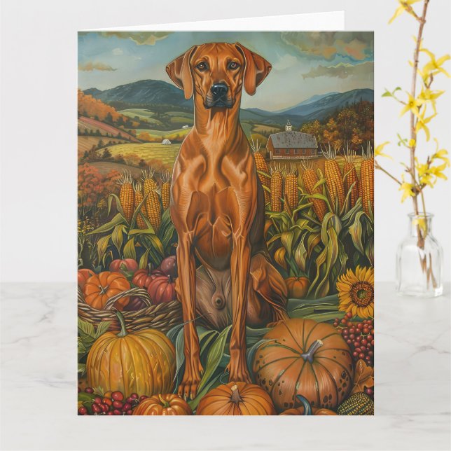 Rhodesian Ridgeback Autumn Harvest Thanksgiving Card (Yellow Flower)