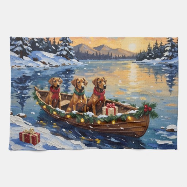 Rhodesian Ridgeback Christmas Boat Holiday Tea Towel (Horizontal)