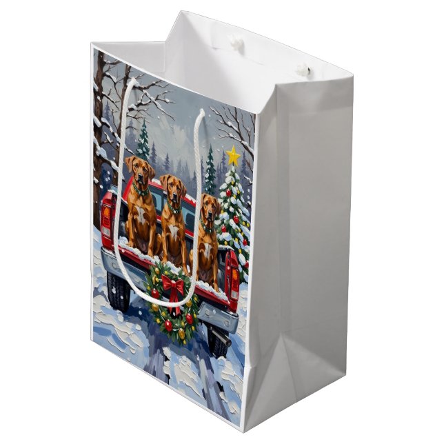 Rhodesian Ridgeback Christmas Red Truck Holiday Medium Gift Bag (Front Angled)