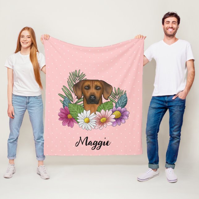Rhodesian Ridgeback Dog Colourful Wildflowers Pink Fleece Blanket (In Situ)