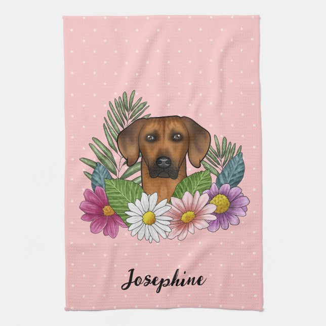 Rhodesian Ridgeback Dog Colourful Wildflowers Pink Tea Towel (Vertical)