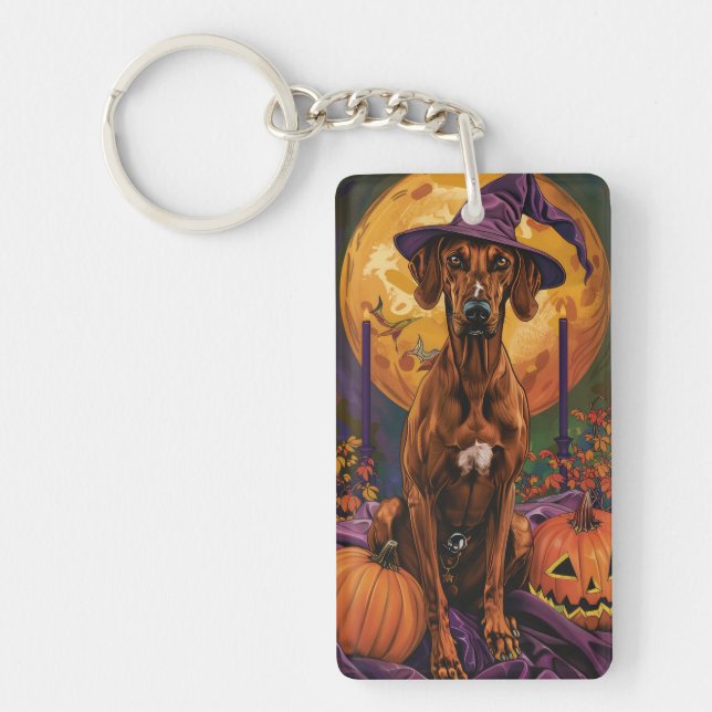 Rhodesian Ridgeback Dog Halloween Witch Pumpkin Key Ring (Front)