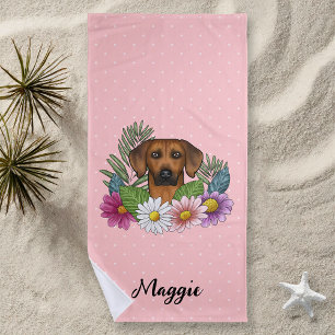 Rhodesian Ridgeback Dog Head Colourful Flowers Pin Beach Towel