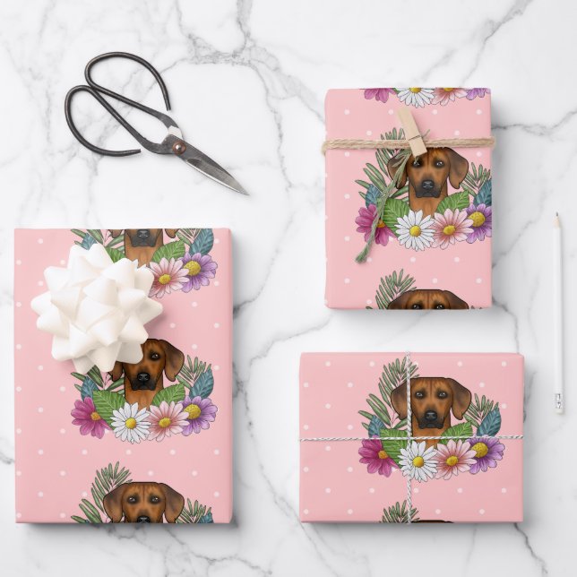 Rhodesian Ridgeback Dog Head Colourful Flowers Pin Wrapping Paper Sheet (Front)