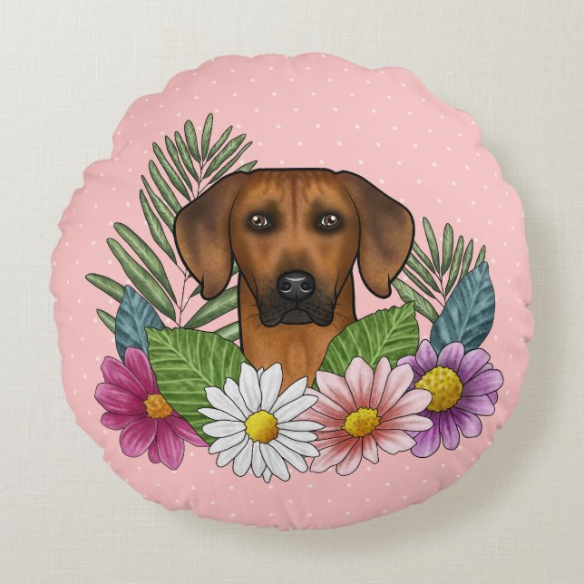 Rhodesian Ridgeback Dog Head Colourful Wildflowers Round Cushion (Front)