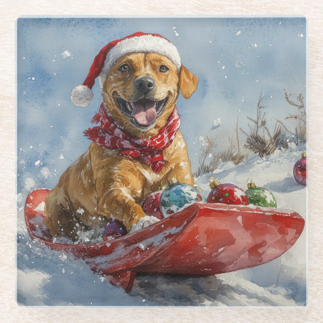 Rhodesian Ridgeback Dog in Sledge Christmas Glass Coaster (Front)