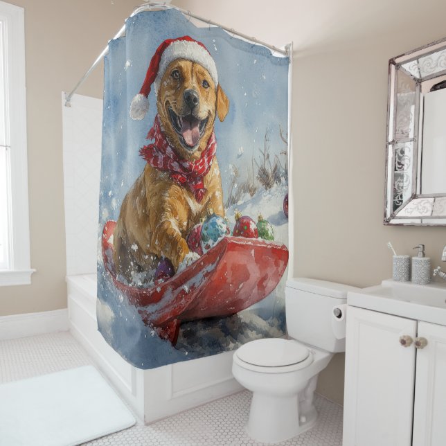 Rhodesian Ridgeback Dog in Sledge Christmas Shower Curtain (In Situ)