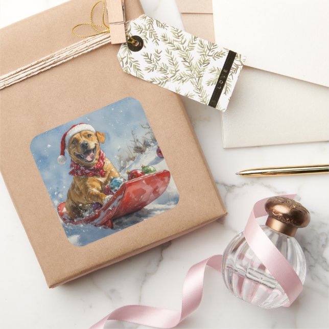Rhodesian Ridgeback Dog in Sledge Christmas Square Sticker (Gifting)