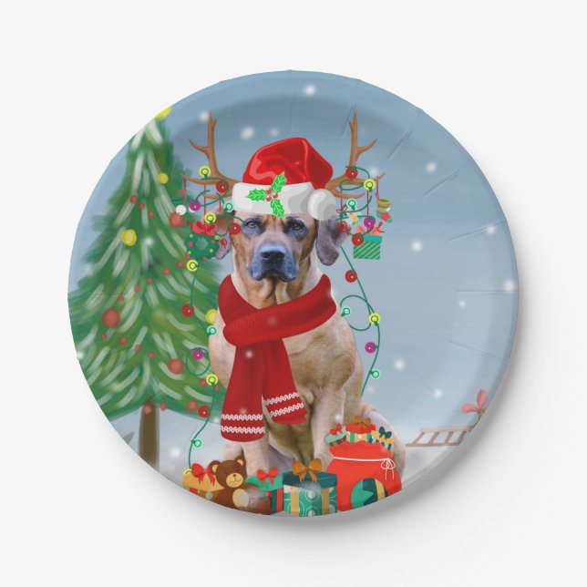Rhodesian Ridgeback Dog in Snow Christmas Gift   Paper Plate (Front)