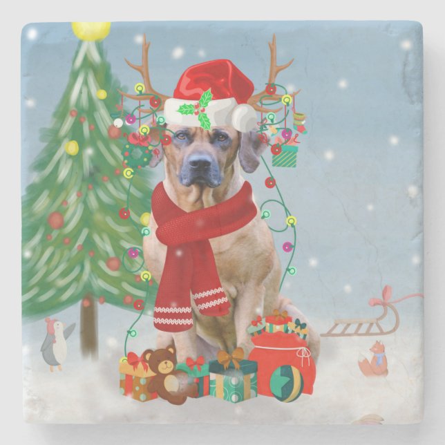 Rhodesian Ridgeback Dog in Snow Christmas Gift   Stone Coaster (Front)