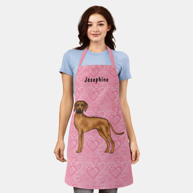 Rhodesian Ridgeback Dog On Pink Hearts With Name Apron (Worn)