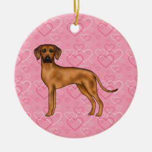 Rhodesian Ridgeback Dog On Pink Hearts With Name Ceramic Ornament