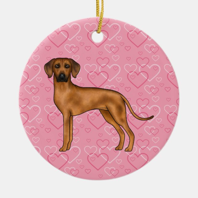 Rhodesian Ridgeback Dog On Pink Hearts With Name Ceramic Ornament (Front)