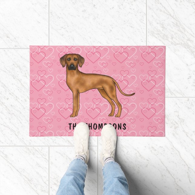 Rhodesian Ridgeback Dog On Pink Hearts With Name Doormat (Indoor)
