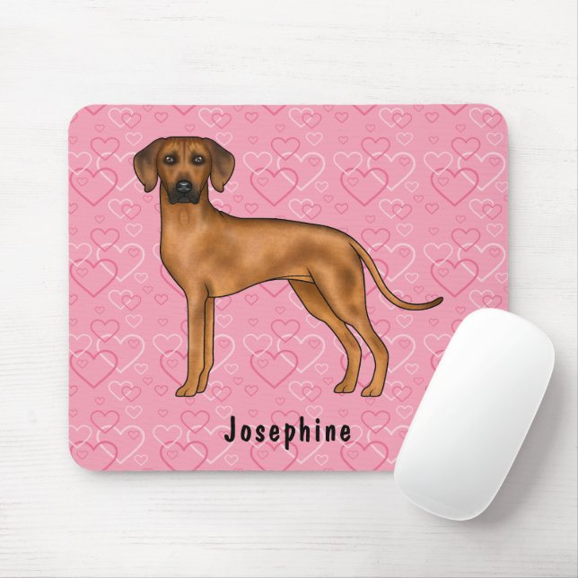 Rhodesian Ridgeback Dog On Pink Hearts With Name Mouse Pad (With Mouse)