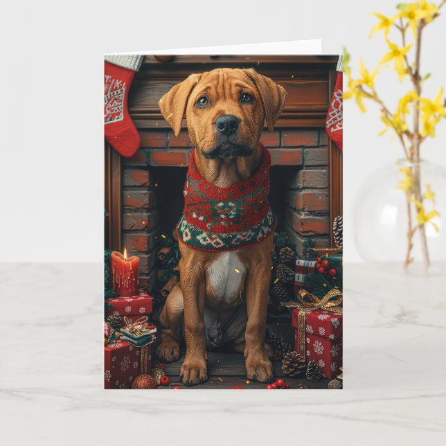 Rhodesian Ridgeback Dog With Christmas Gifts  Card (Yellow Flower)