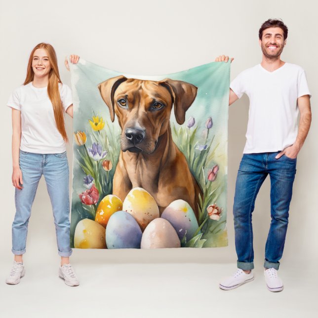 Rhodesian Ridgeback Dog with Easter Eggs Holiday Fleece Blanket (In Situ)