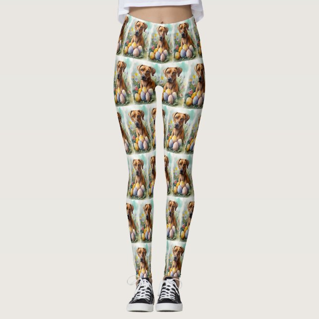 Rhodesian Ridgeback Dog with Easter Eggs Holiday Leggings (Front)