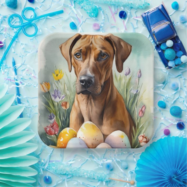 Rhodesian Ridgeback Dog with Easter Eggs Holiday Paper Plate (Party)