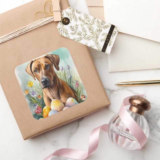Rhodesian Ridgeback Dog with Easter Eggs Holiday Square Sticker (Gifting)