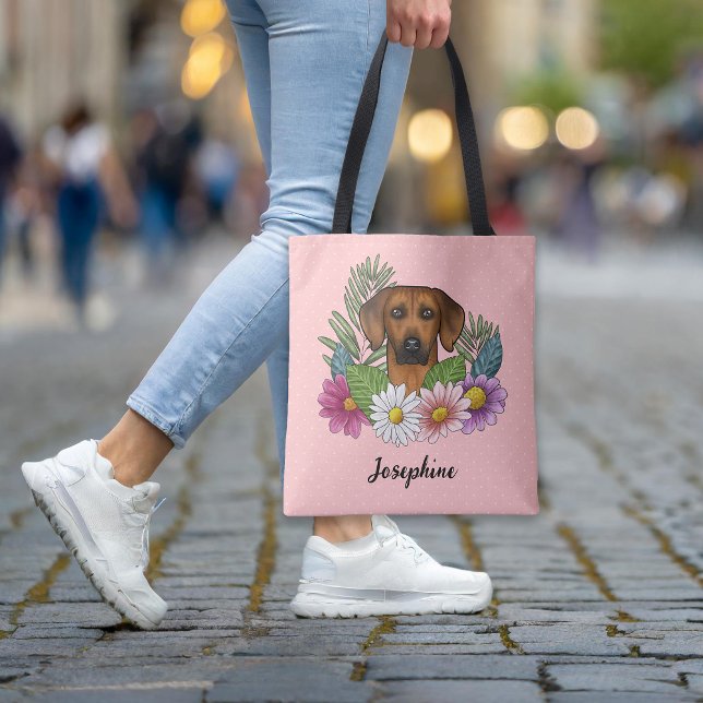 Rhodesian Ridgeback Dog With Flowers And Name Pink Tote Bag (Please note: This image is a digital mockup. The product may not be in scale.)