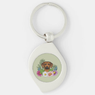 Rhodesian Ridgeback Head Colourful Florals On Gree Key Ring