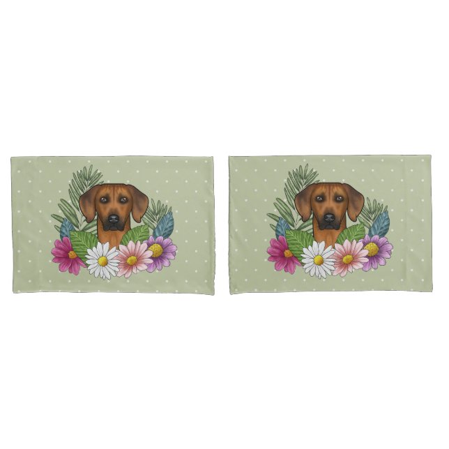 Rhodesian Ridgeback Head Colourful Flowers On Gree Pillowcase (Front-Set)