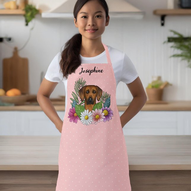 Rhodesian Ridgeback Head Colourful Flowers On Pink Apron (Please note: This image is a digital mockup. The product may not be in scale.)