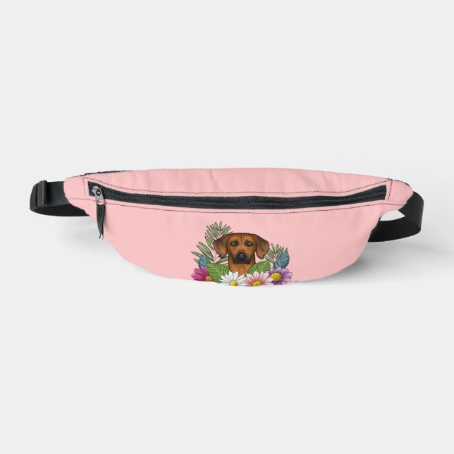 Rhodesian Ridgeback Head Colourful Flowers On Pink Bum Bags (Front)