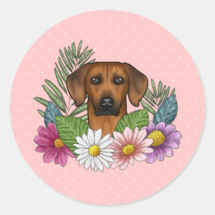 Rhodesian Ridgeback Head Colourful Flowers On Pink Classic Round Sticker