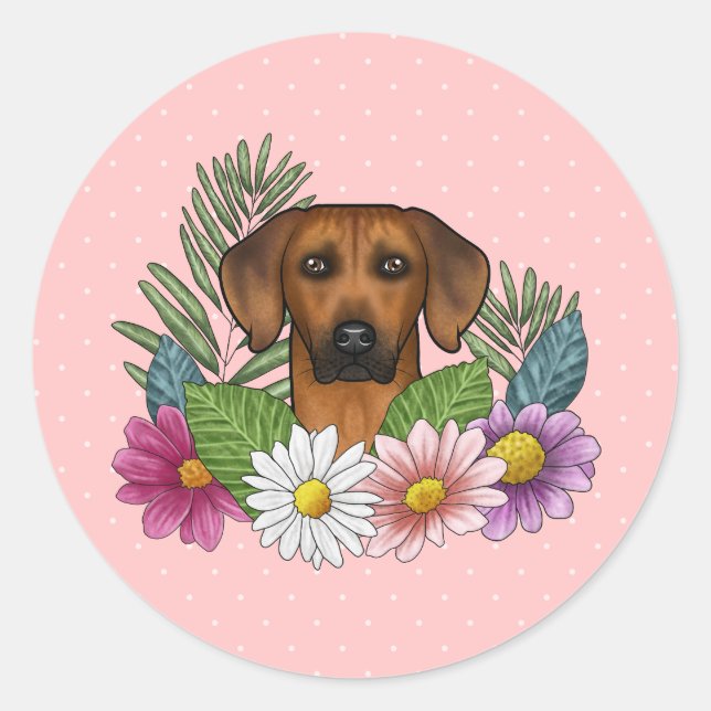 Rhodesian Ridgeback Head Colourful Flowers On Pink Classic Round Sticker (Front)