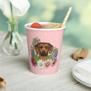 Rhodesian Ridgeback Head Colourful Flowers On Pink Paper Cups