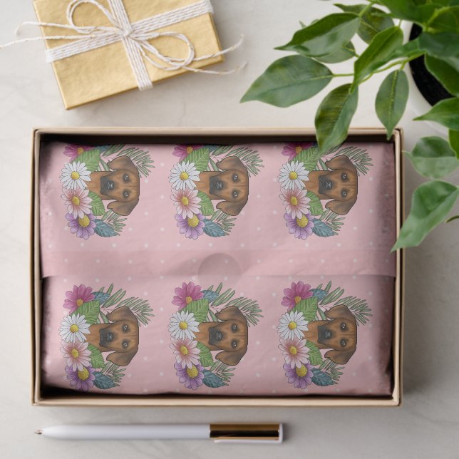 Rhodesian Ridgeback Head Colourful Flowers On Pink Tissue Paper (Gift)