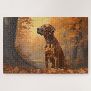 Rhodesian Ridgeback  in Autumn Leaves Fall Inspire Jigsaw Puzzle