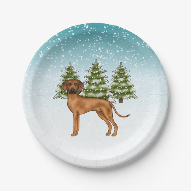 Rhodesian Ridgeback Lion Dog Snowy Winter Forest Paper Plate (Front)