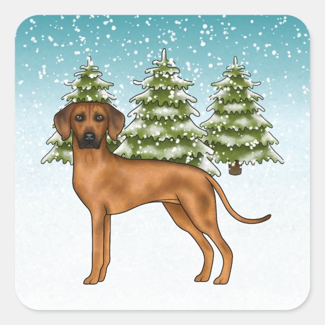 Rhodesian Ridgeback Lion Dog Snowy Winter Forest Square Sticker (Front)