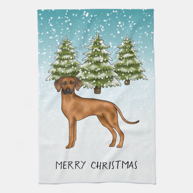 Rhodesian Ridgeback Lion Dog Snowy Winter Forest Tea Towel (Vertical)