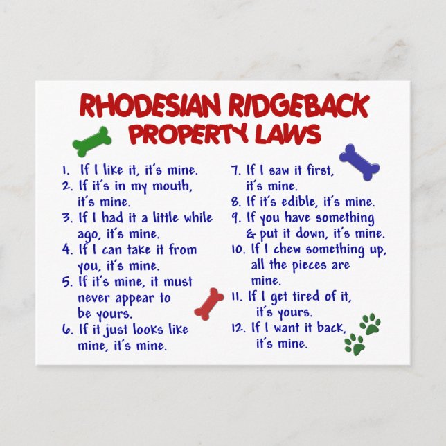 RHODESIAN RIDGEBACK Property Laws 2 Postcard (Front)