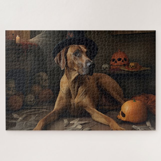 Rhodesian Ridgeback Pumpkins Halloween Scary Jigsaw Puzzle (Horizontal)
