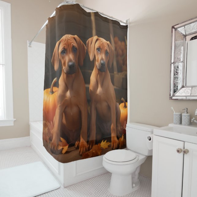 Rhodesian Ridgeback Puppy Autumn Delight Pumpkin  Shower Curtain (In Situ)