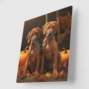 Rhodesian Ridgeback Puppy Autumn Delight Pumpkin  Square Wall Clock
