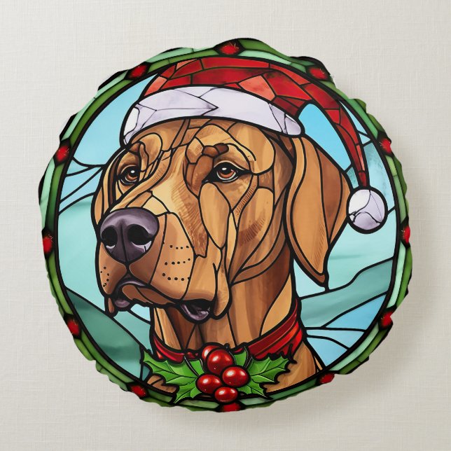 Rhodesian Ridgeback Stained Glass Christmas Round Cushion (Back)