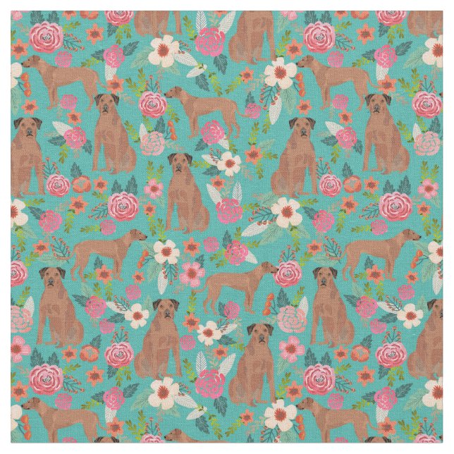 rhodesian ridgeback vintage florals turquoise fabric (Close Up)