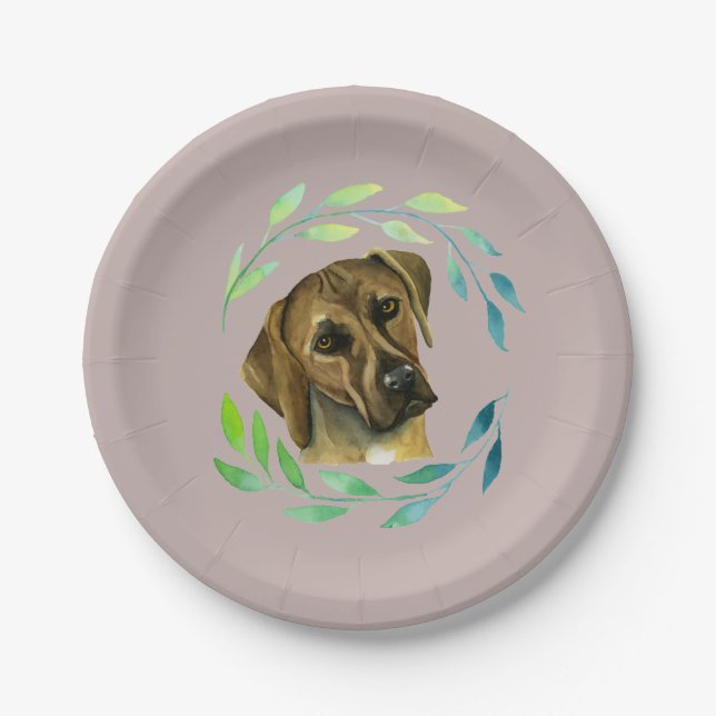 Rhodesian Ridgeback with a Wreath Watercolor Paper Plate (Front)