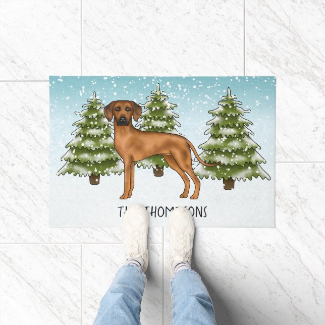Rhodesian Ridgeback With Name Snowy Winter Forest Doormat (Indoor)