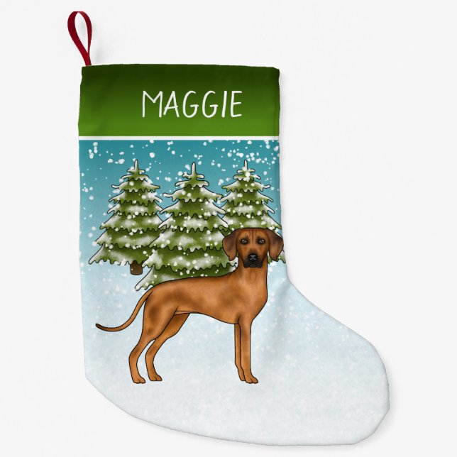 Rhodesian Ridgeback With Name Snowy Winter Forest Small Christmas Stocking (Front)